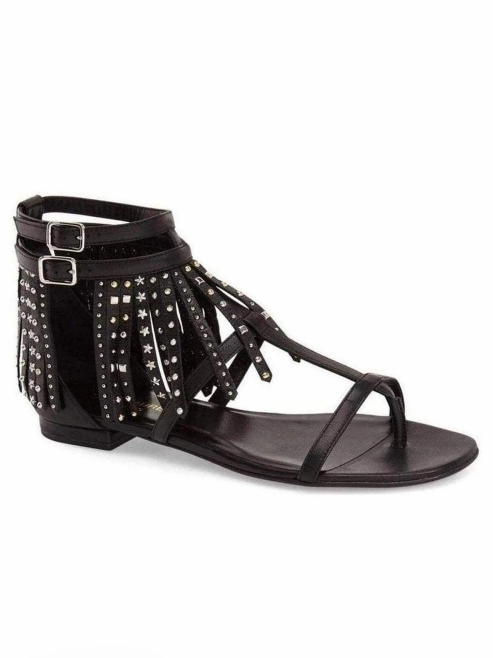 Saint Laurent Black Leather Fringe Studded Gladiator Sandals Size 38.5